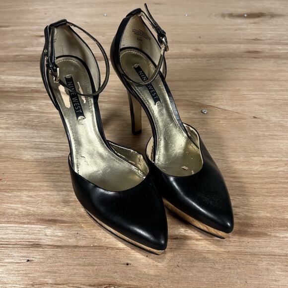Nine West Shoes - Nine West High-heeled Pumps Black W/ Metallic Gold Platform Pointed Closed Toe